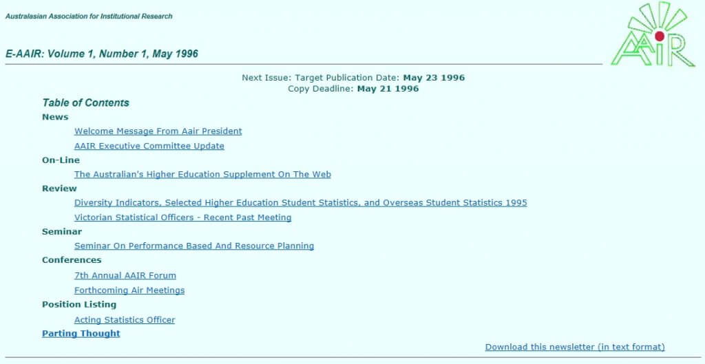 Screen grab of the first recorded edition of the AAIR newsletter
