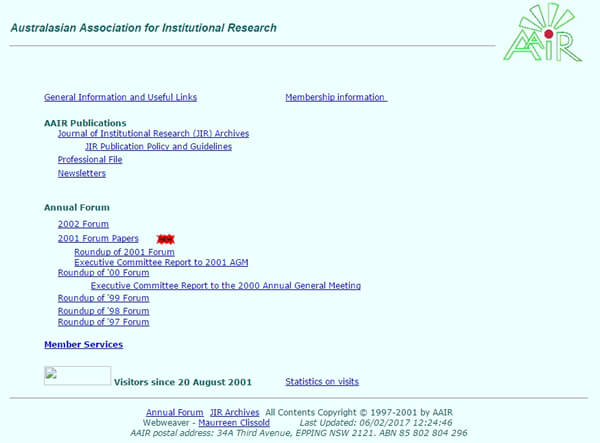 Screen grab of first AAIR website, circa 2001