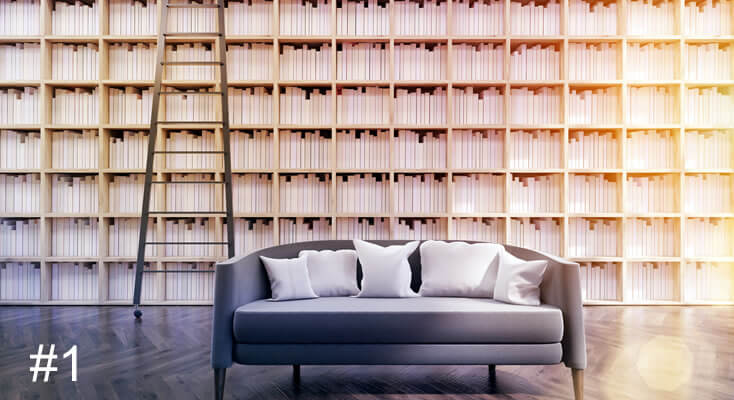 Photo of a lounge chair in front of floor to ceiling bookcase