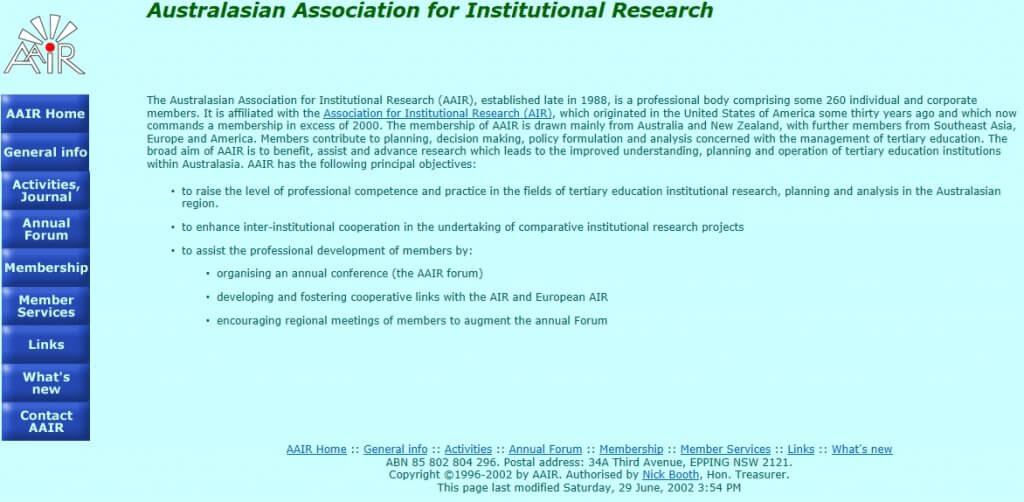 Screen grab of AAIR website, 6 August 2002