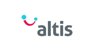 Altis Consulting logo with line art that looks like a pink line smile with small blue dots at each corner
