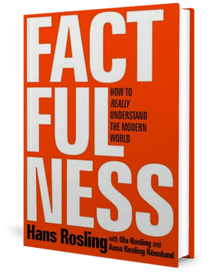 Cover of a book, orange, with the word Factfulness on it