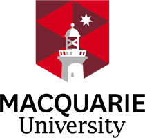 Macquarie University logo with a red geometric shield behind a white lighthouse and white star