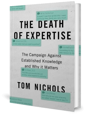 Cover of a book, white, with the words The Death of Expertise on it