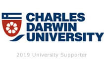 Logo of Charles Darwin University with text written in dark blue and a shield in blue and red to the left of the text