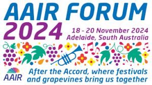 The AAIR Forum logo with stylised and colourful music, saxaphone, vine leaves, grapes, and flowers, as well as the theme of the Forum: After the Accord, where festivals and grapevines bring us together.