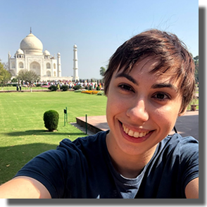 Photo of Bekki Green doing a selfie in front of the Taj Mahal.