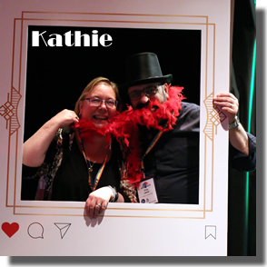 Photo of Kathie Rabel and Greg Jakob at the 2019 AAIR Forum. They are dressed up and framed by an Instagram frame.