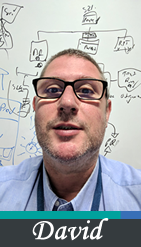 Photo of David Cawthorne wearing reading glasses with a whiteboard behind him with flowcharts on it.