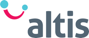 Altis Consulting logo with line art that looks like a pink line smile with small blue dots at each corner.
