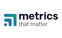 Metrics that matter logo, says the words 'metrics that matter' with a stylised square icon next to it with three angled lines.