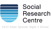 Social Research Centre logo with a shield with different shades of blue stripes and the words '2023 Silver Sponsor Night 2 Dinner' written underneath.