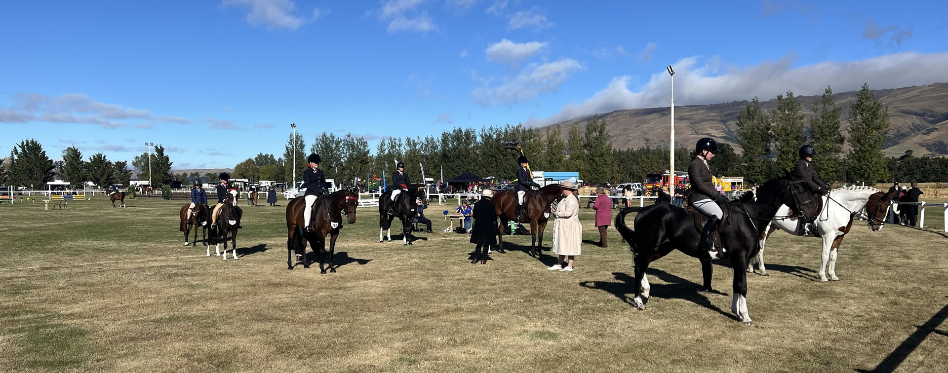 Photo of an open field full of show horses with riders and judges at an agricultural show.
